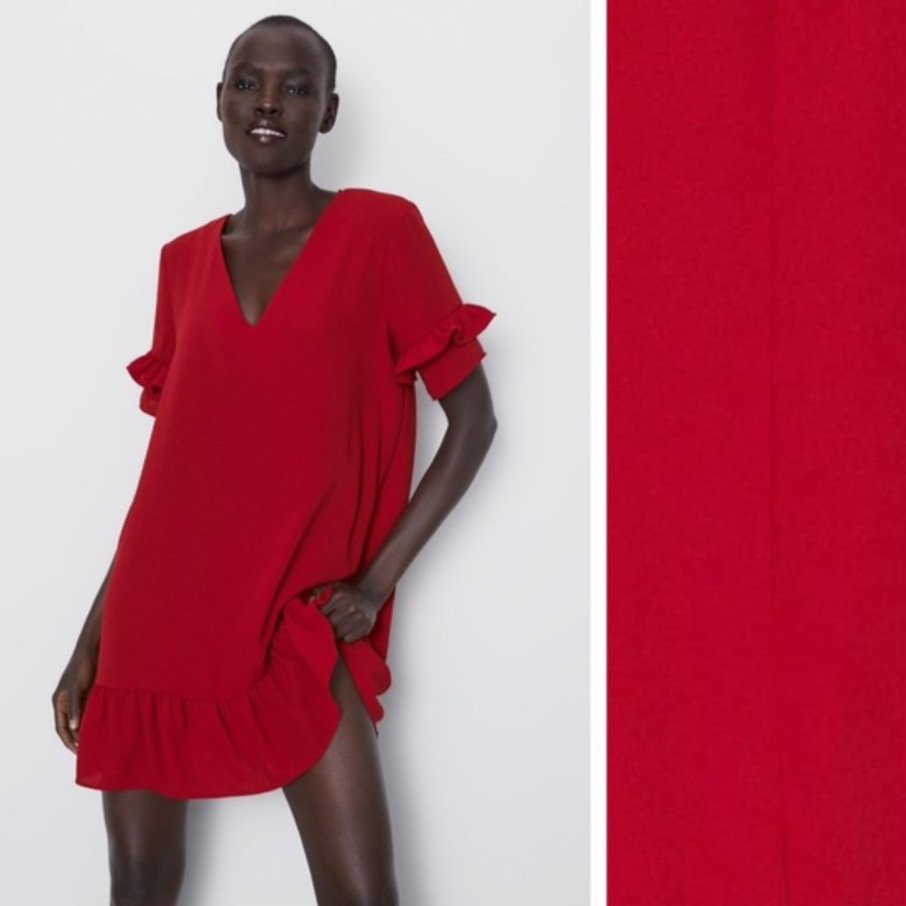 Zara Red Ruffled Mini V-neck Dress Medium
